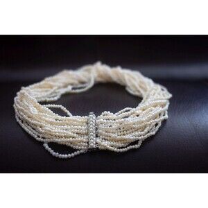 Multi Strand White Seed Pearl Collar, Tiny Pearl Statement Choker